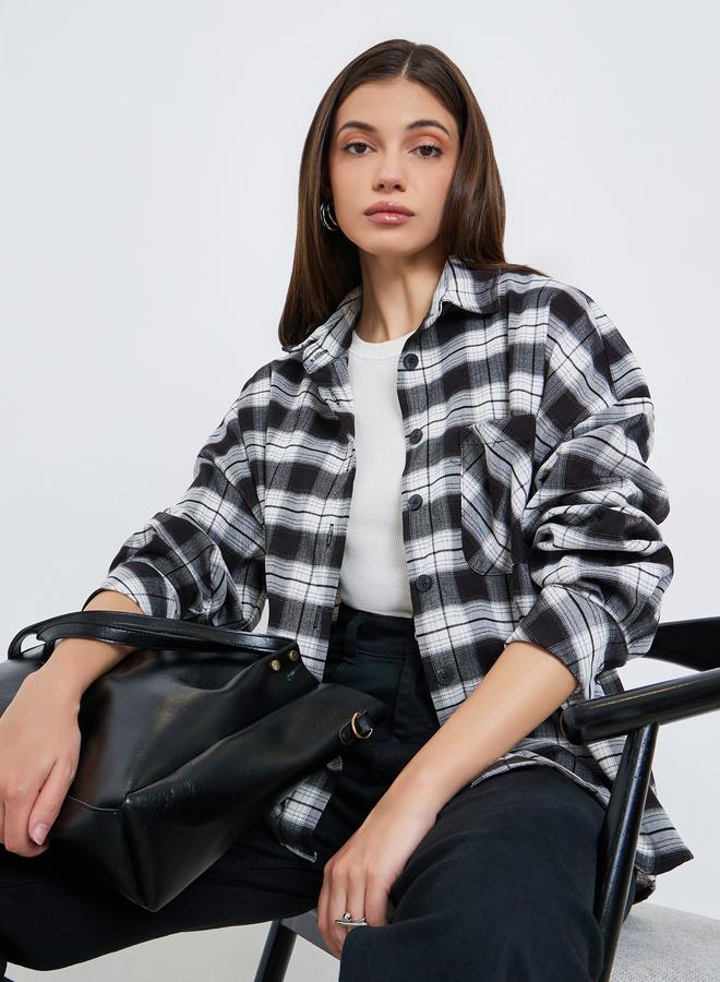 ستايلي بلوزة بقصة واسعة بنقشة مربعات وجيوب - Image 5